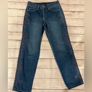 NYDJ Ankle Straight Stretch Floral Embroidered Medium Wash Jeans Womens Size 0